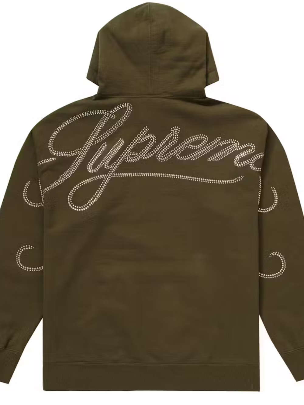 FW19 Supreme Rhinestone Script Hooded Sweatshirt Size Small - dark olive